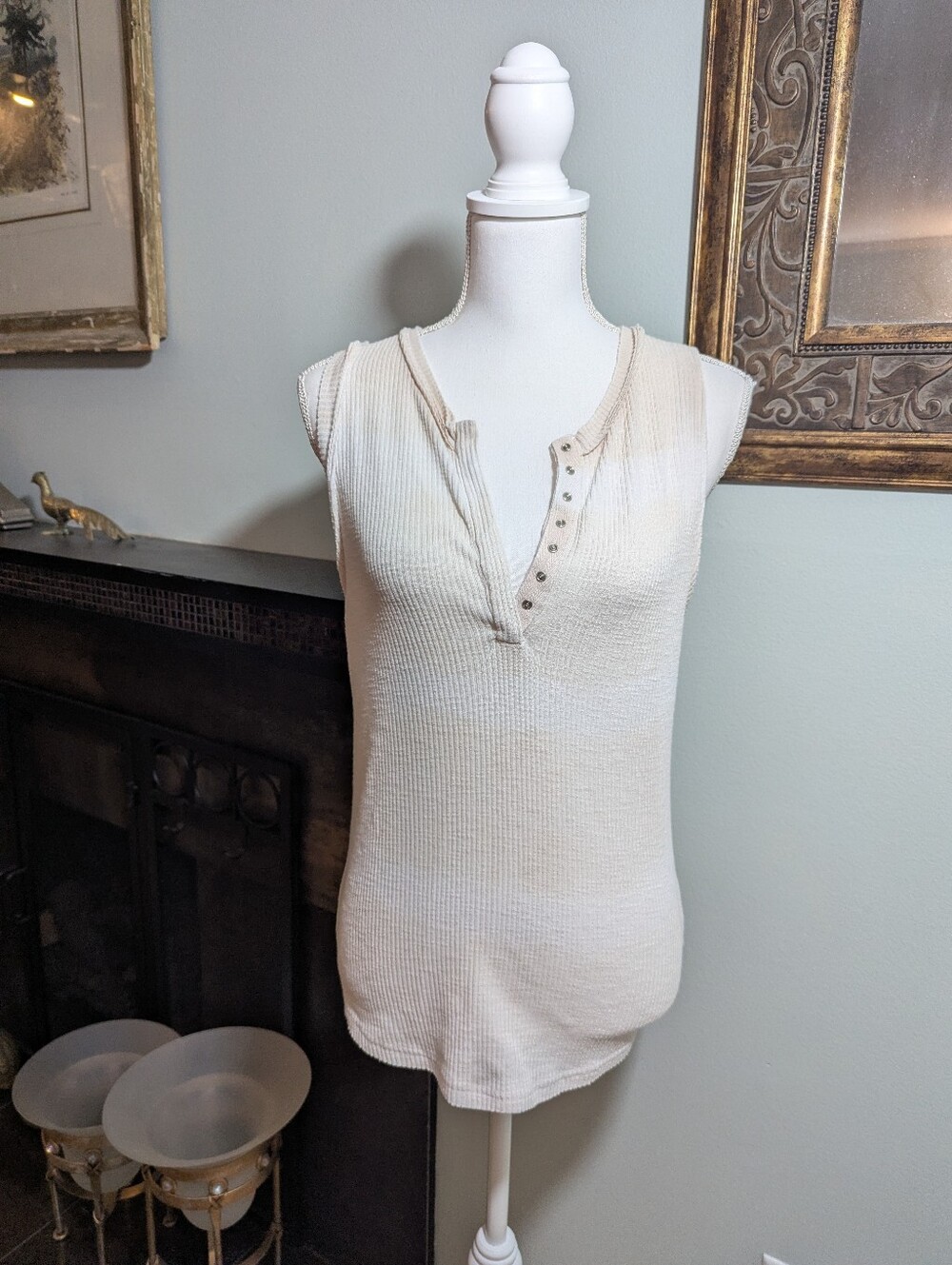 POL Women's Small Henley Tank Top Cream Tea Stain Dyed Soft Ribbed Knit